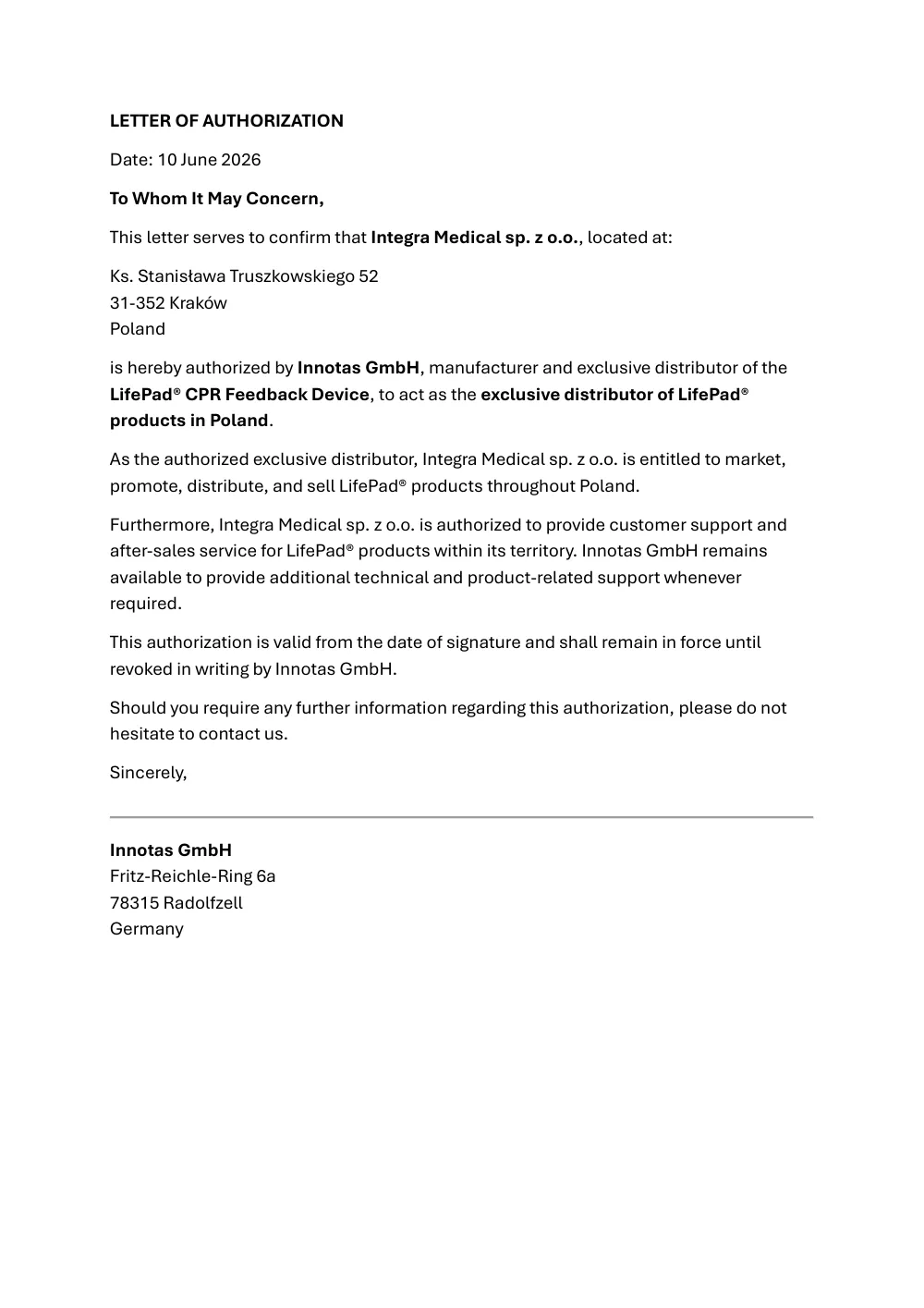 Podgląd: List autoryzacyjny - Innotas
